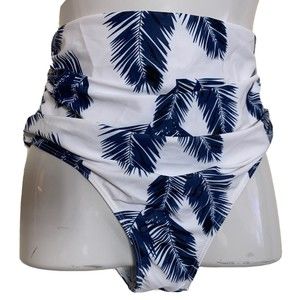 Womens XL Swimwear Bikini Bottoms High Rise Briefs Shirred Blue White Print NWOT